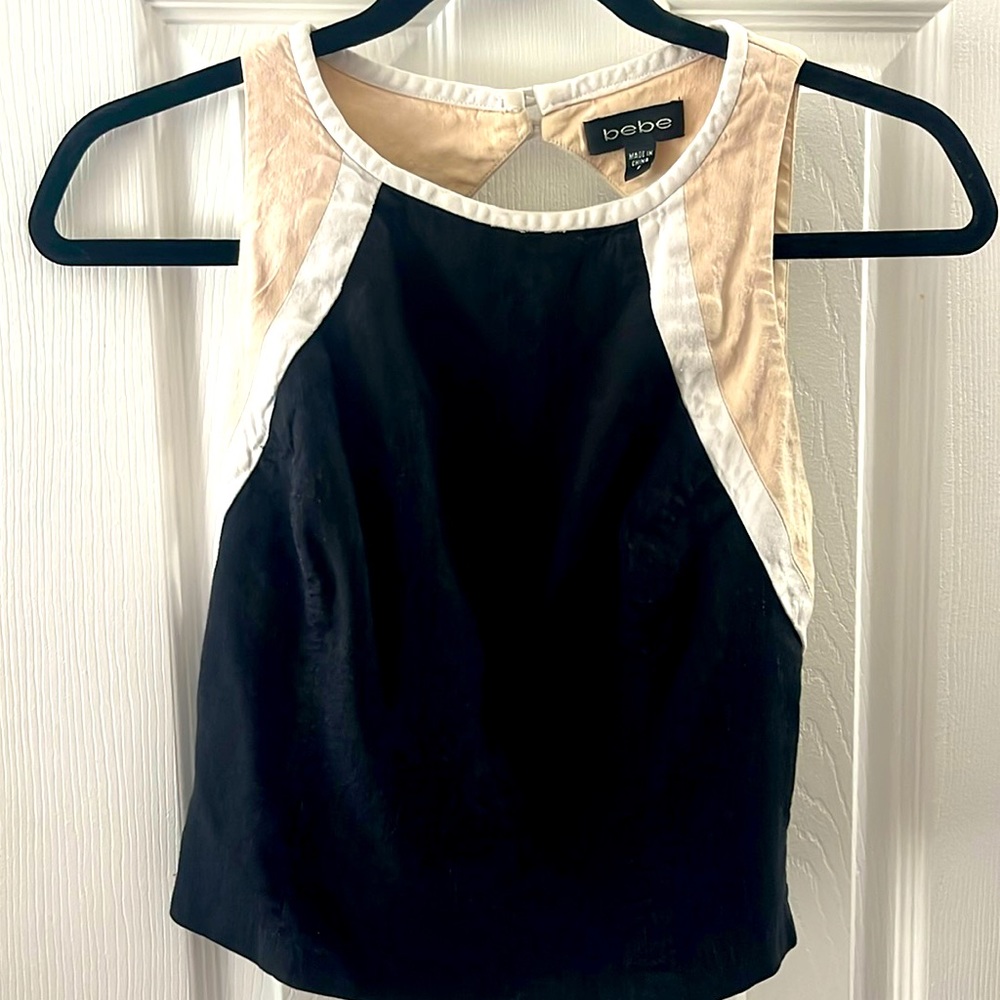Bebe sleeveless top, blue white and cream